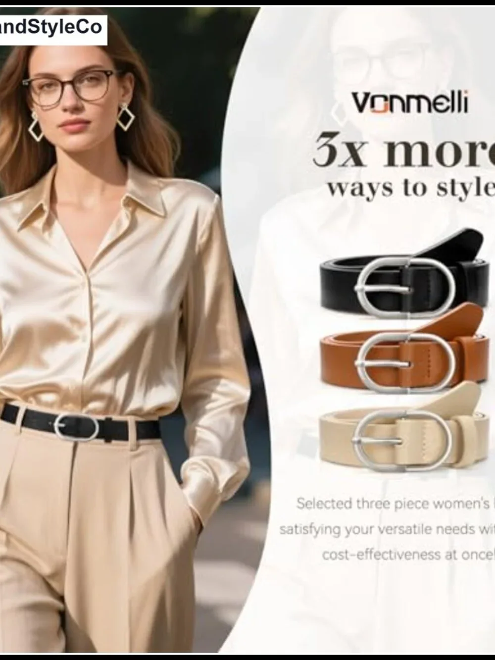 3 Pack Faux Leather Belts for Women Gold Buckle Adjustable Dress Belt